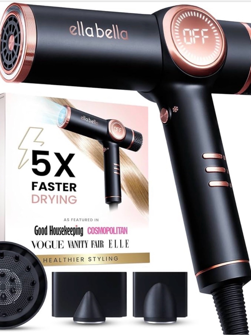 ELLA BELLA Ionic Hair Dryer with Diffuser - Negative Ion Blow Dryer